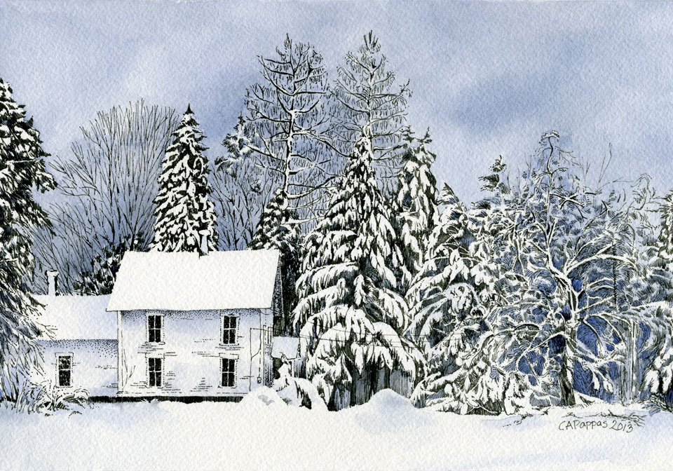 pen and ink watercolor winter