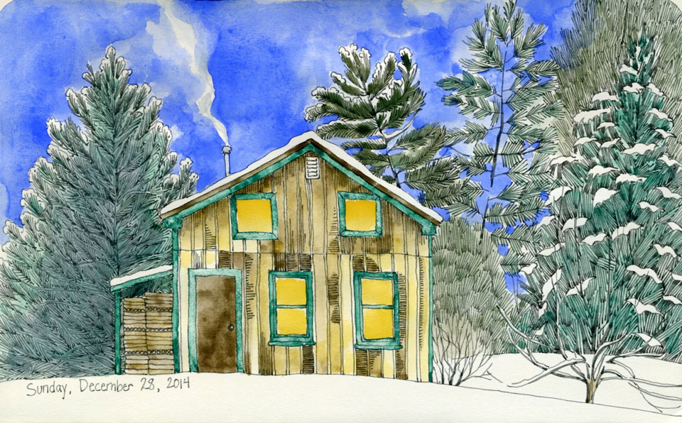 cabin ink watercolor drawing