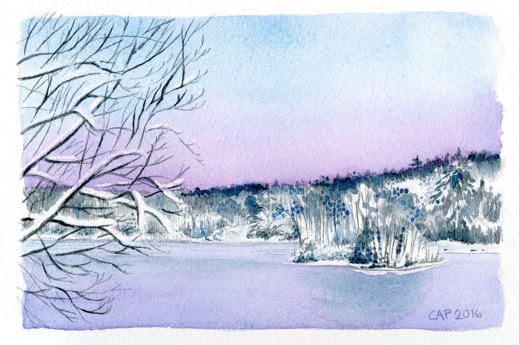 winter sunset painting