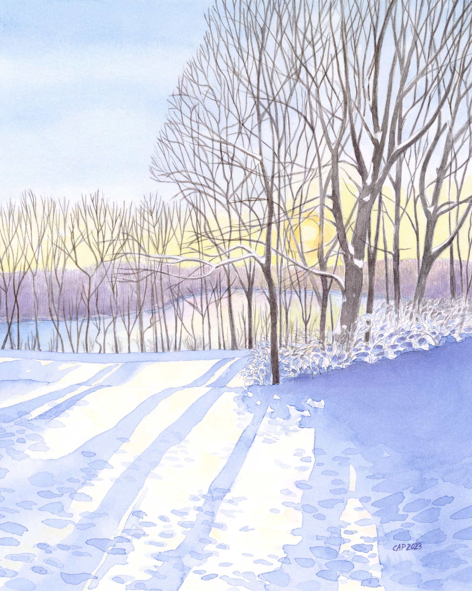 Winter landscape watercolor painting of bare trees with the sun peeking through at sunrise