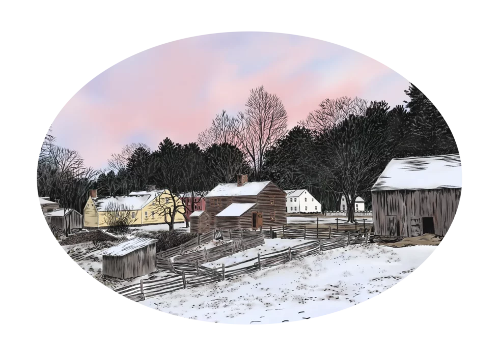A landscape painting of a winter scene with early American buildings against a pink and blue pastel sunset cropped into an oval.