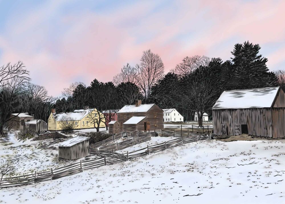 A winter landscape featuring early American buildings in front of trees and a blue and pink sunset.