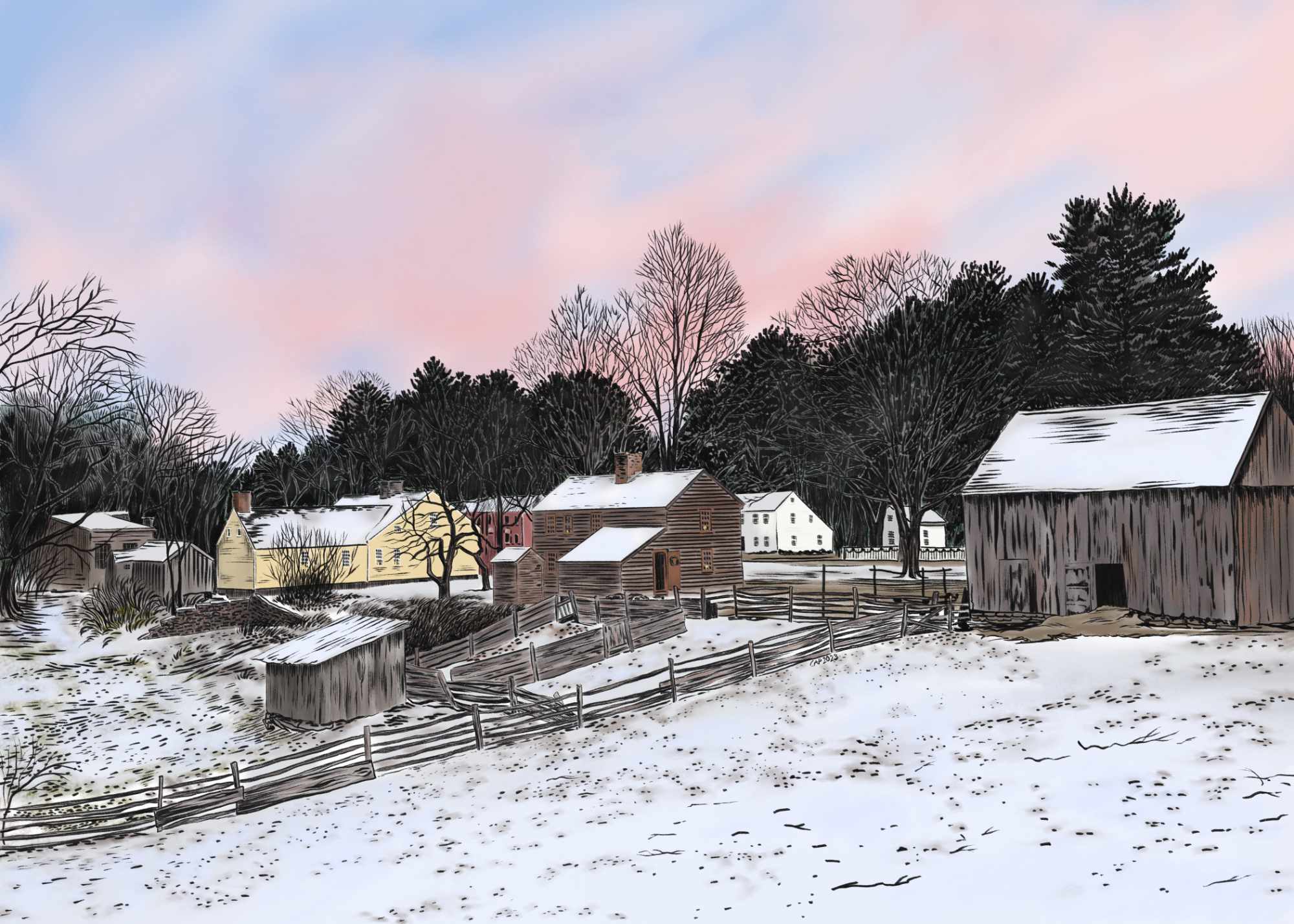 A landscape painting of a winter scene with early American buildings.