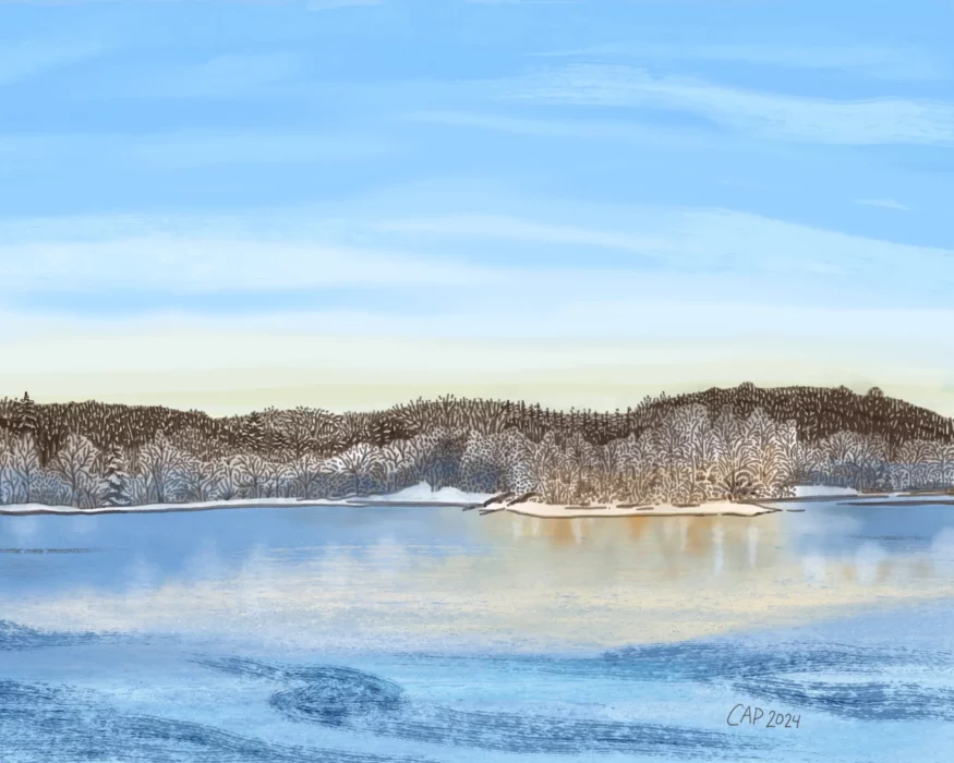 A painting of a lake in winter, snow covered trees on the horizon line and a blue sky with some orange and yellow accents.