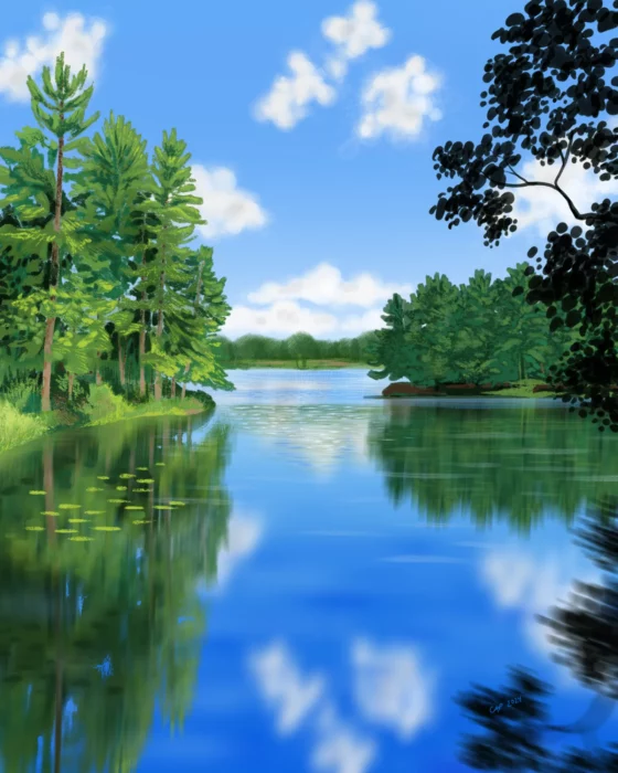 A landscape painting of a blue sky with trees reflecting into a lake by Carolyn A Pappas.